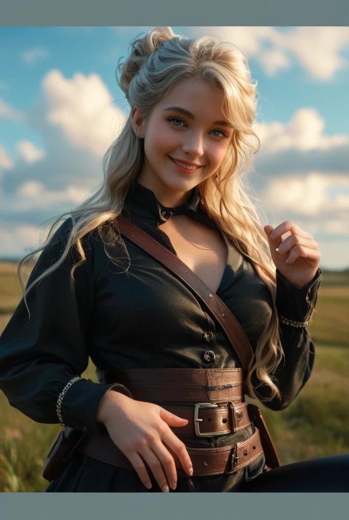 masterpiece, ((ultra detailed background, delicate pattern, intricate detail)), (highly detailed, fine details), best quality, ((medium breasts, slim girl, close-up, portrait)), (complex detailed background, outside, nature environment, trees, sunny, blue sky, sky, cowboy shot), CharlotteRoseleiV1, 1girl, solo, blonde hair, braid, blue eyes, flower, cape, long hair, side braid, blue flower, gloves, thorns, dress, blush, upper body
