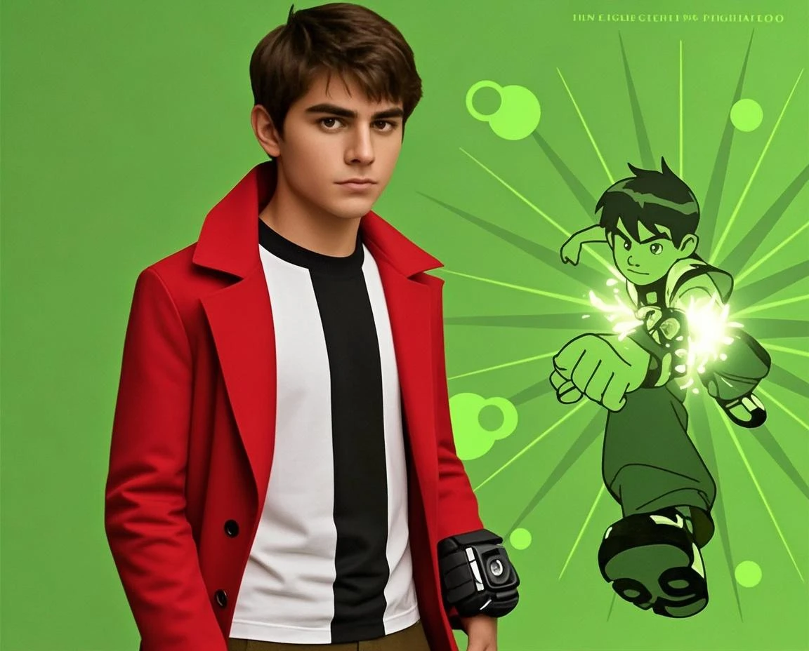afben,brown hair,green eyes, bare legs, aroused, bedroom interior,. Black shirt, green jacket with white stripe, white socks, bottomless, full view, sitting in office chair, erect penis, looking down, smiling, 