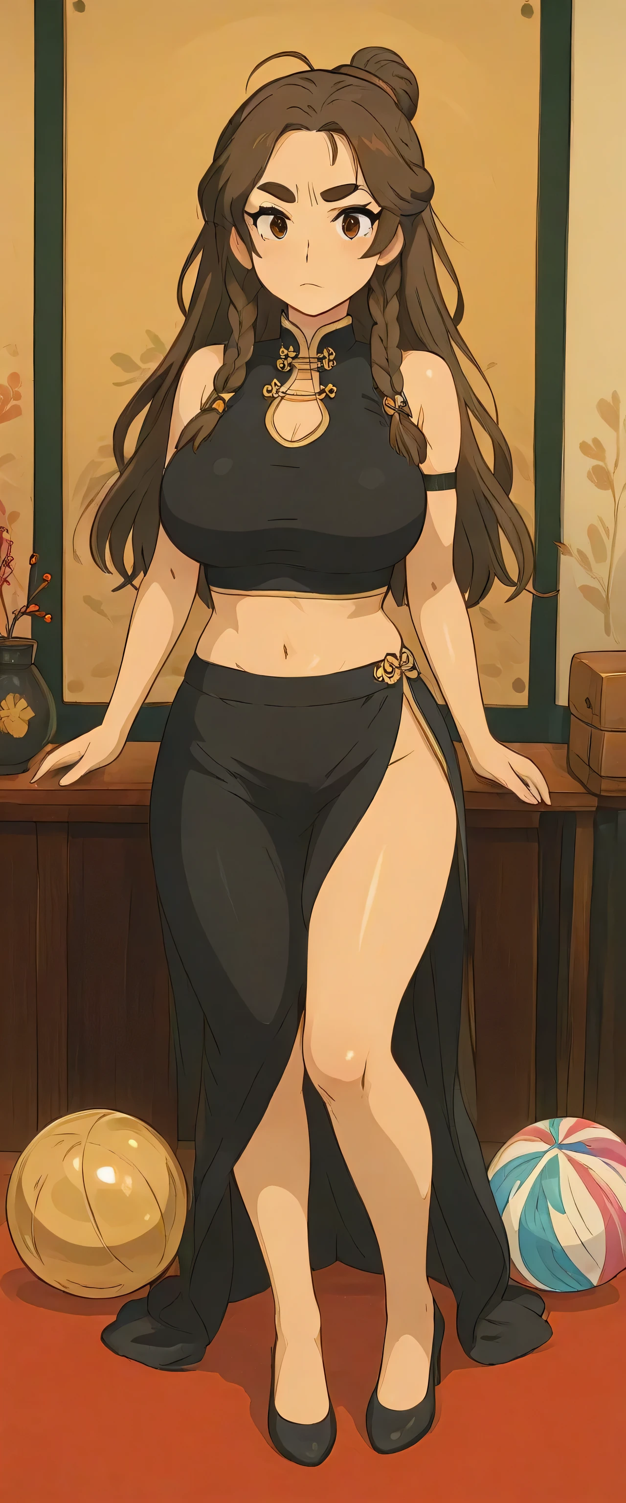 A sexy girl beautiful big breasts beautiful dark brown hair long wavy ball on top braids china her light brown eye large eyebrow wide eyelash long large dresses top black vest Asiatica china shows navel and a black skirt Asian dress legs thigh black heel small arm armband spine