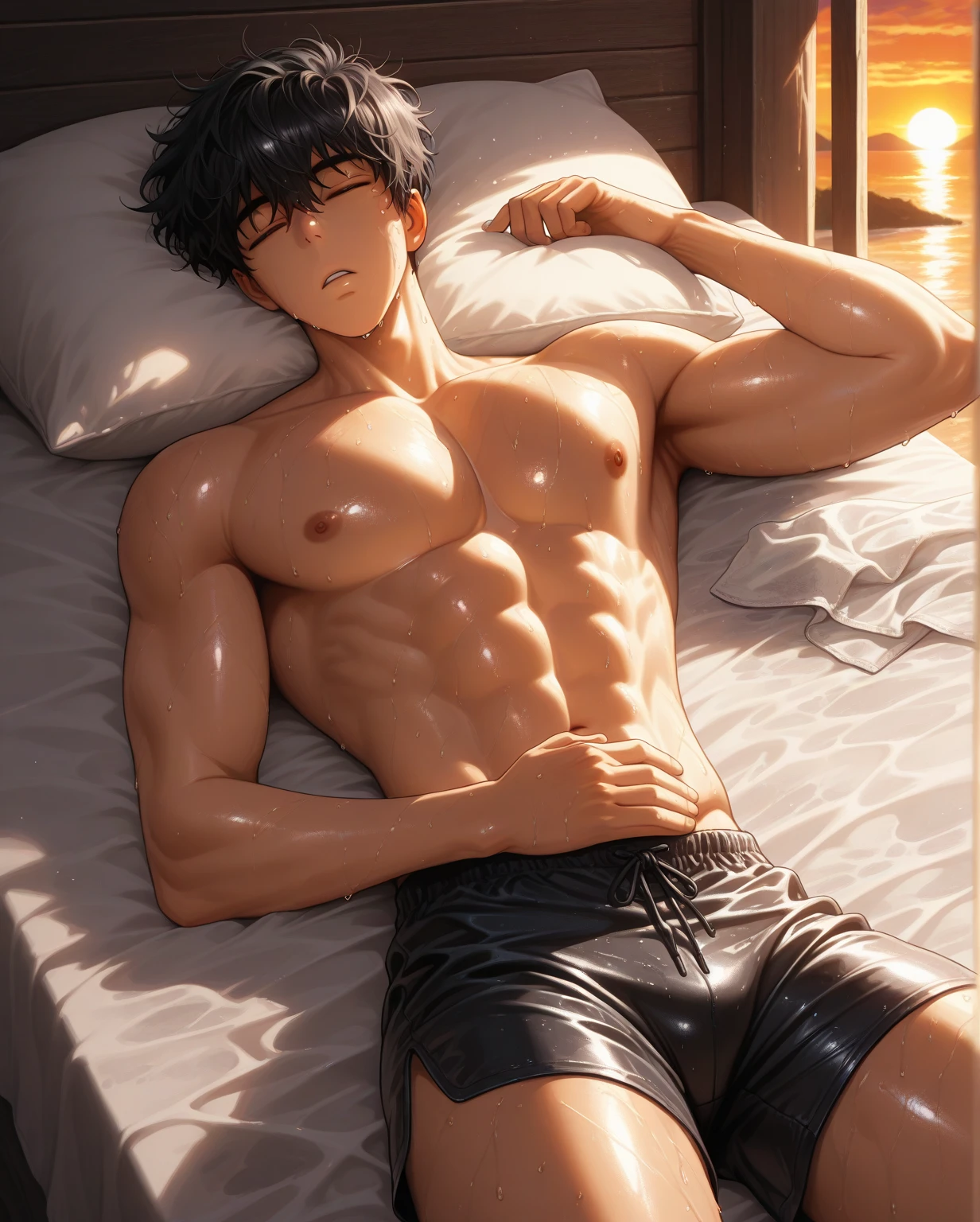 best quality, masterpiece, handsome polynesian man, muscular bodybuilder, tan skin, wavy dark hair, nude, sleeping lying on his side, flaccid uncut penis, foreskin, cum, cumshot, big round ass, dramatic lighting, dramatic shadows, sexy, gay, homoerotic, perfection, no watermark, no logo, no signature