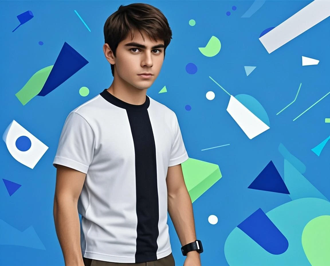 A  tan boy with small muscles and black wave hair on it and wearing a navy blue polo t shirt, white color long trouser, old watch and sitting on black stool and black background with red and blue light on it