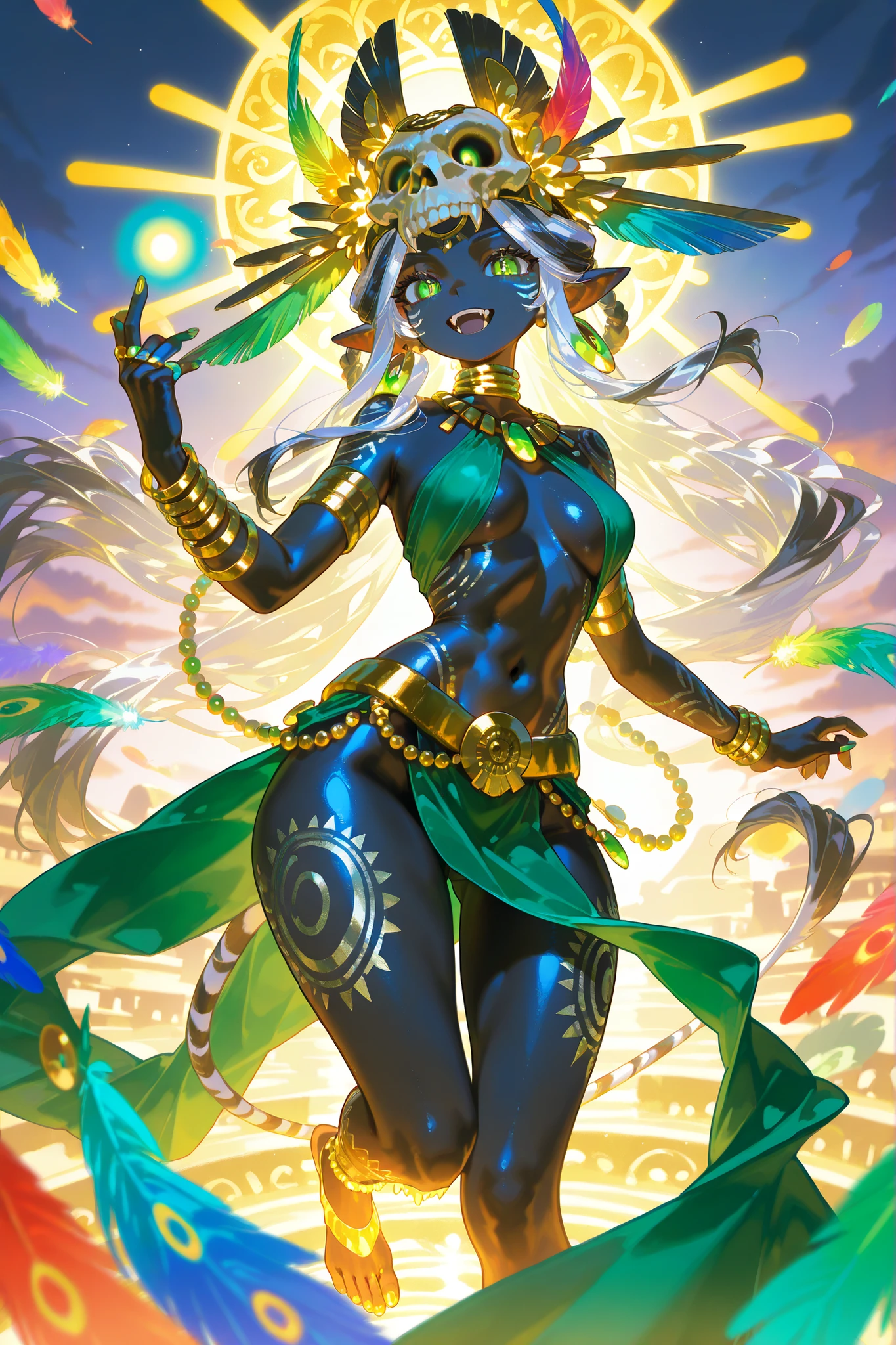 25 yo African american fairy, wearing a neon green hair ribbon in her afro, magical, holding a wand, striped dress, clear brown eyes, perfect body