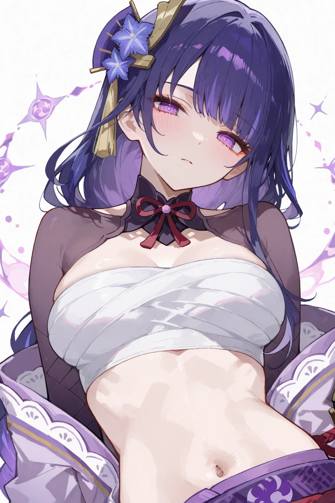 masterpiece, best quality, 1girl, solo, breasts, long hair, purple hair, nipples, hat, patchouli knowledge, breast rest, crescent, book, blush, looking at viewer, bow, blue eyes, hair bow, smile, detached collar, huge breasts, striped, bare shoulders, mob cap, hat ornament, crescent hat ornament, upper body, striped dress, open mouth