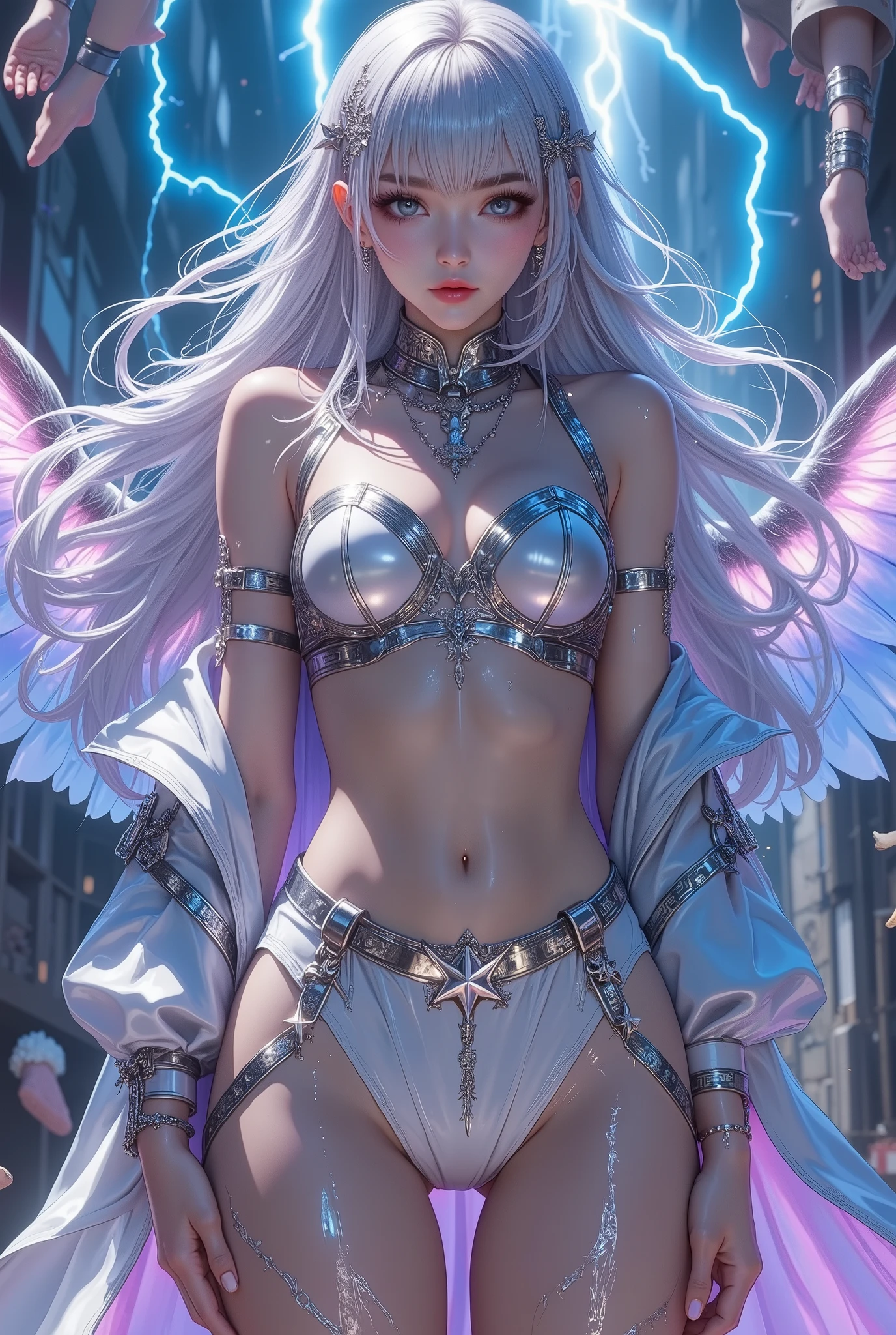 Cyborg, Girl, Beautiful girl, Cute, Sexy, Strong, Slender, Delicate, Smile, (ta costume), High legs, Metallic, ultra color, paisley, Headgear, mandalas, Near future, Heaven, angel, feater, wing, Helix lamp