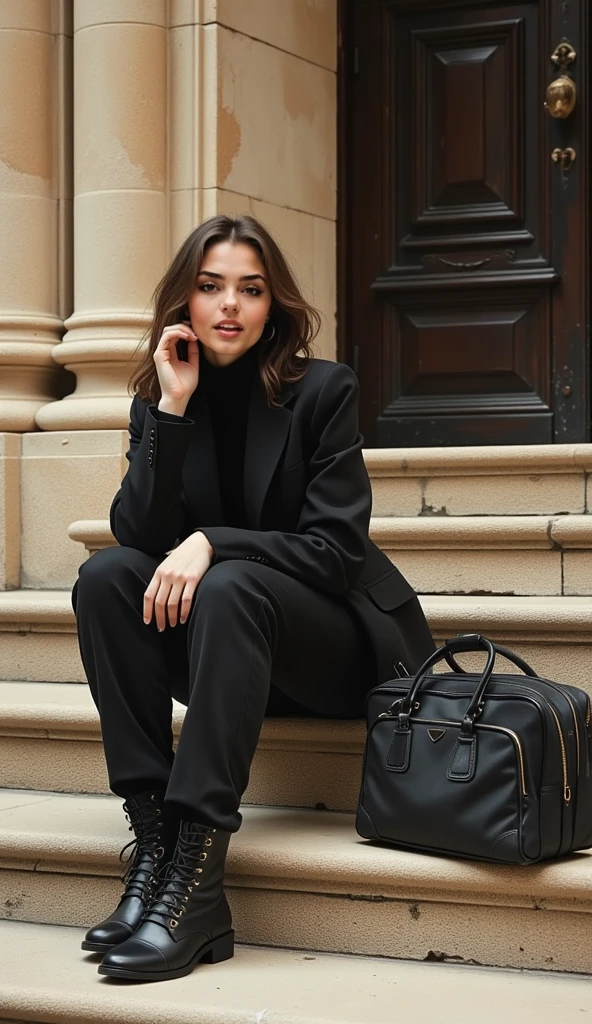 A girl sitting in office in a white trench coat, dark blue skinny jeans, sneakers, far shot