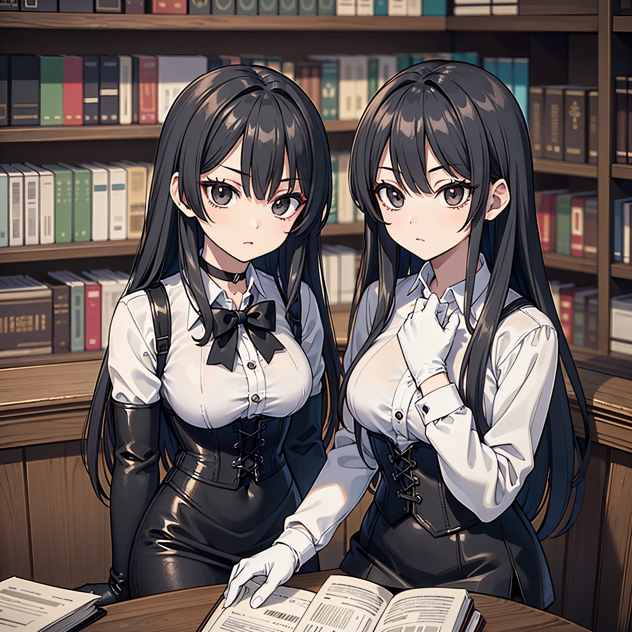 (masterpiece), (best quality:1.3),8K,very light, (ultra realista),seductive woman, (High Quality, high resolution, fine details), realistic style woman , Perfect woman, rostro perfecto, face, ((medium breasts)), serious expression, serious look, ((Long opaque black hair)), ((double eyelid large black eyes, long eyelashes)), (Makeup), (shoulder harness), choker:1.6, ((((long sleeve white buttoned shirt)))), ((black leather corset)), (black gloves), ((black school miniskirt)), brown stockings, Old Gothic library, table with books , at night
