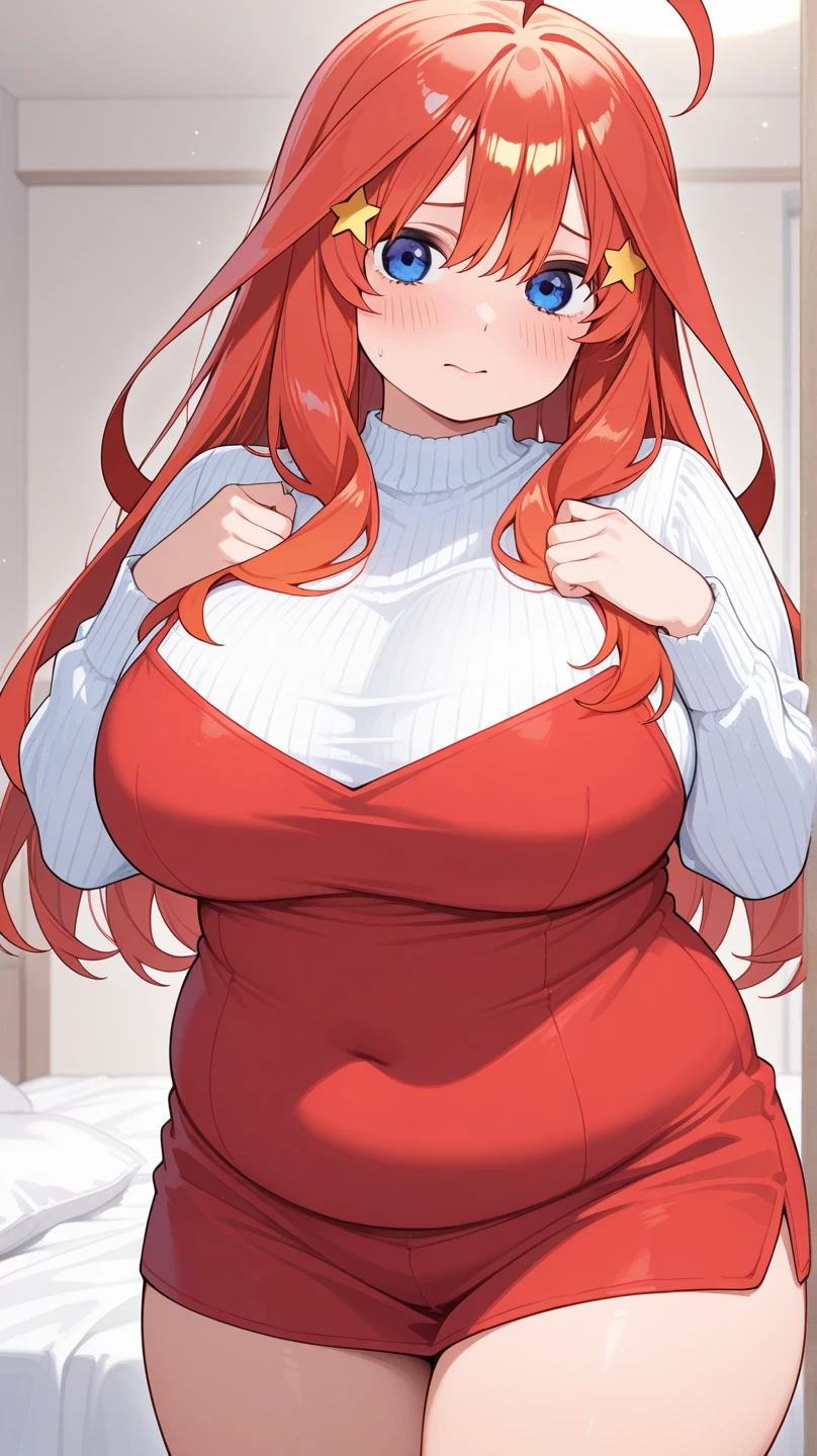 masterpiece, best quality, <lora:konoshigeryuun-artist-richy-v1:1> 1girl, solo, red hair, twintails, very long hair, yellow eyes, gigantic breasts, looking at viewer, sagging breasts, turtleneck sweater, white sweater, ribbed sweater, sweater dress, bare legs, maternal, motherly,