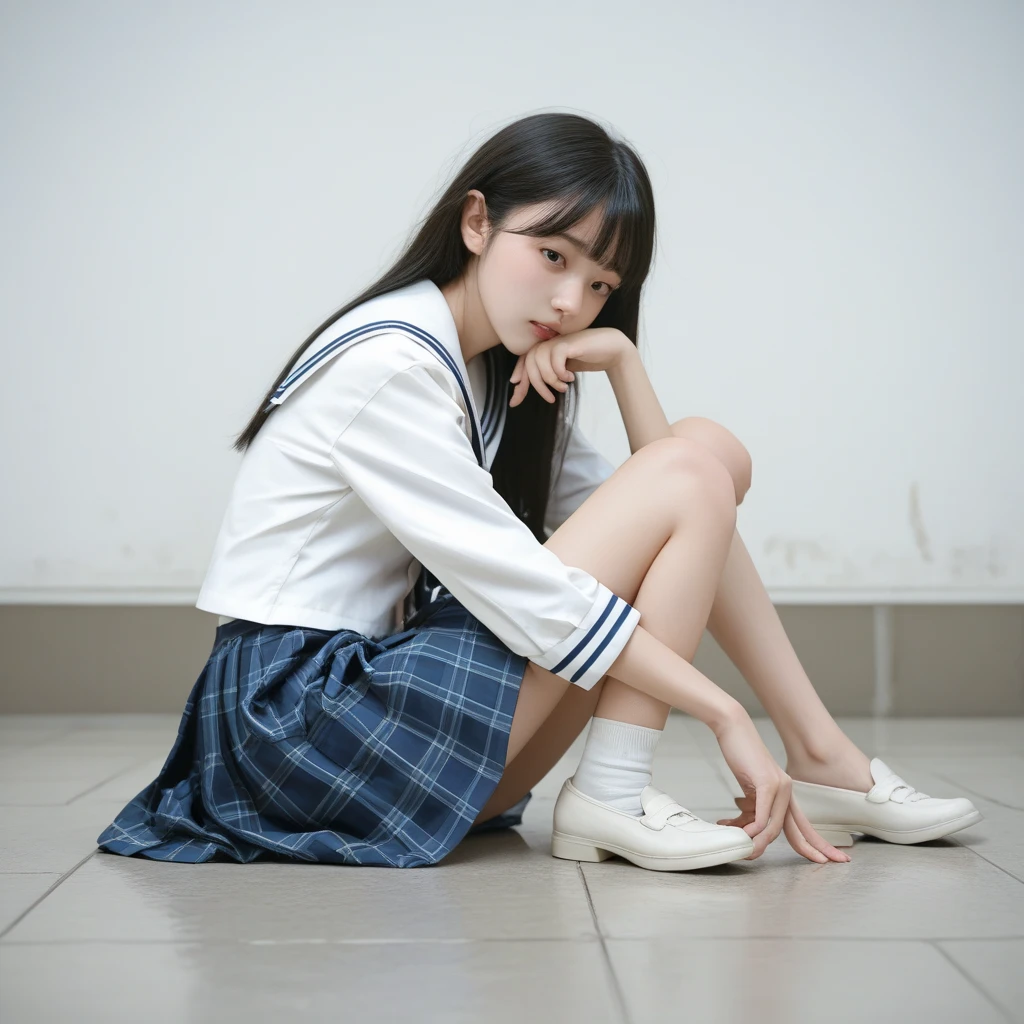 (Photoreal: 1.4), (Hyperrealistic: 1.4), (Realistic: 1.3), (Smooth Lighting: 1.05), (Improved Cinematic Lighting Quality: 0.9), 32K, 1 female, 24 year old female, Realistic lighting, Backlight, Face Lights, Ray Tracking, (Bright Light: 1.2), (Quality Improvement: 1.4), ( Top quality realistic textured skin: 1.4), fine detailed eyes, detailed face, fine quality eyes, dark brown eyes, (tired, sleepy and satisfied: 0.0), pale lighting, white background, blouse with white frills, bow tie, dark blue skirt, dark brown hair, braided part of the hair and tied with a small ribbon, squatting with knees, white silk ankle-length socks, pumps