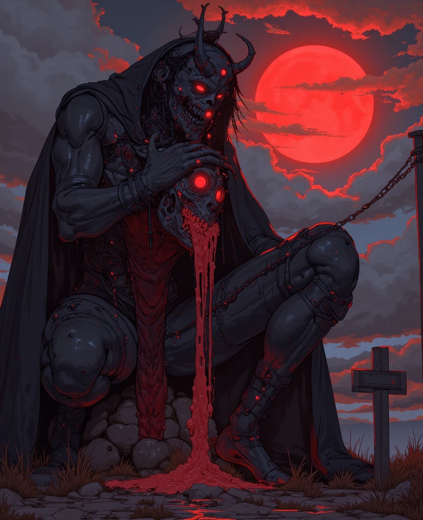 daemon, infected with mushrooms, cutting your skin, drinks alcohol, flowing down his body and mixing with the blood on the floor.