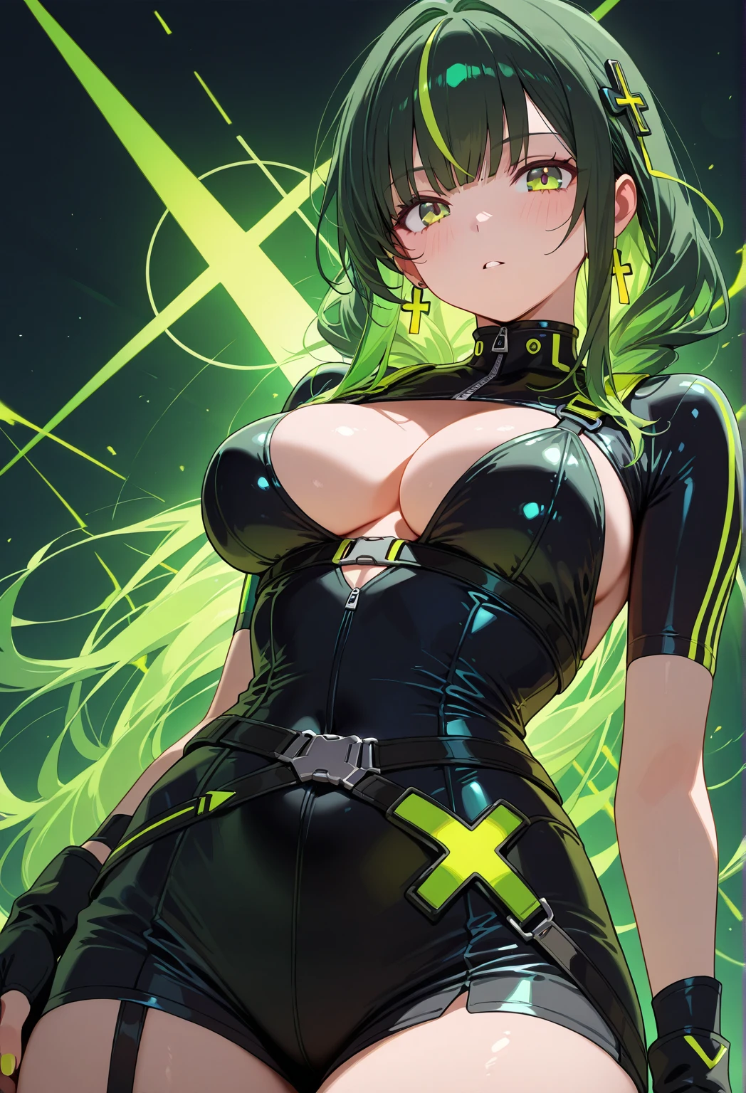 (Original Character、Unity 16K Wallpaper, Masterpiece, Best Quality, Ultra-Detailed, Extremely Detailed CG, Caustics, Cinematic Lighting, Detailed, Beautiful Detailed Eyes, NSFW:1.8, solo、cleavage、yers old), Ultra High Resolution, fine skin, (cute: 1.2, bikini), (strong light),separate swimsuit、green hair、outdoors、vivid