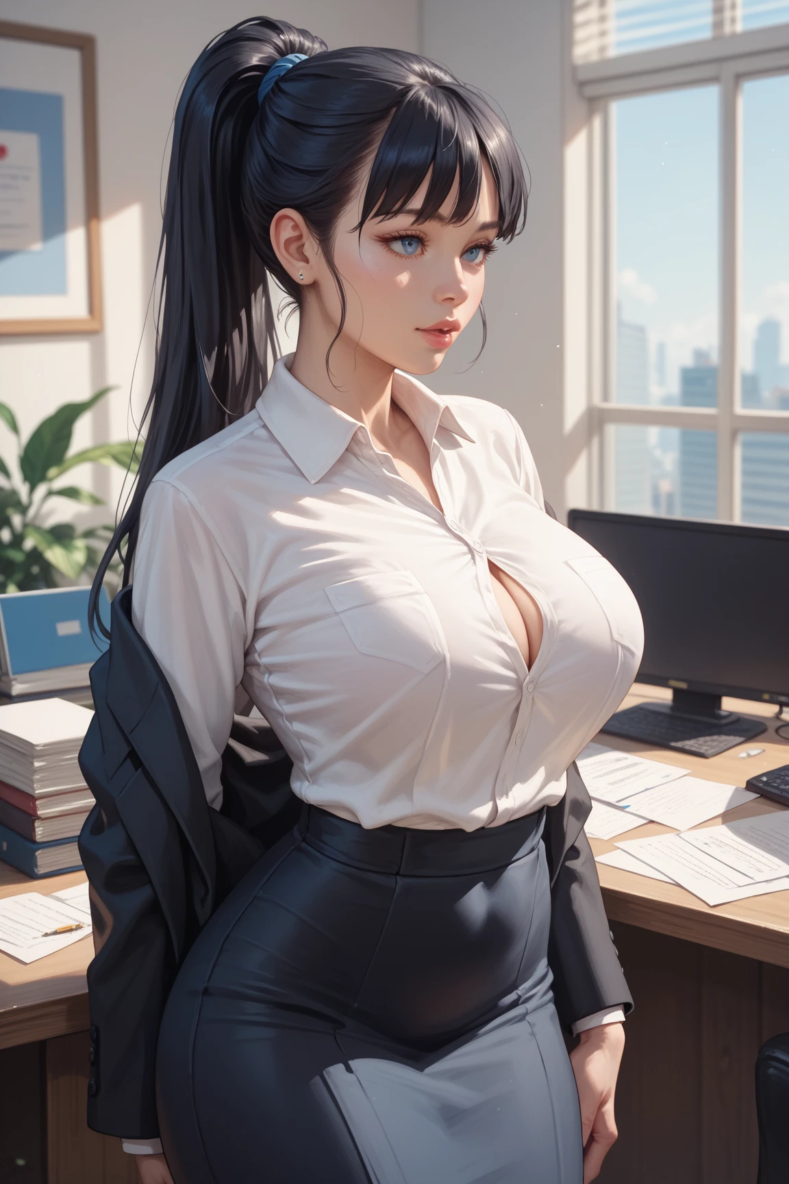 A woman wearing a white office t-shirt, wearing a tie around your neck, uma saia preta, meias longas femininas, seios grandes, cabelo loiro longo, olhos azuis, in an office in a large building, com tabelas, computadores, a window overlooking several buildings, lugar brilhante, efeito de desfoque de fundo, HDR, ultra resolution, bem definido, obra de arte, 8k HD.