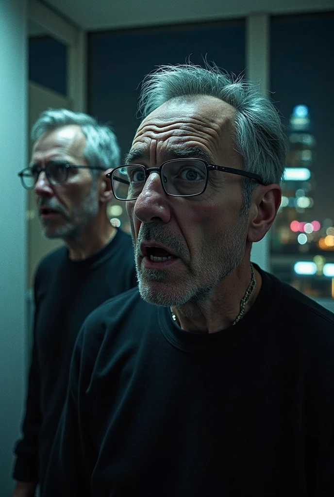 The Realistic Magic of Men with Short Hair, gray hair, wears glasses, Wearing a black sweatshirt, 恐怖の表情, Permanent, Night office setup, Night Architectural Scenery Seen Through a Window
