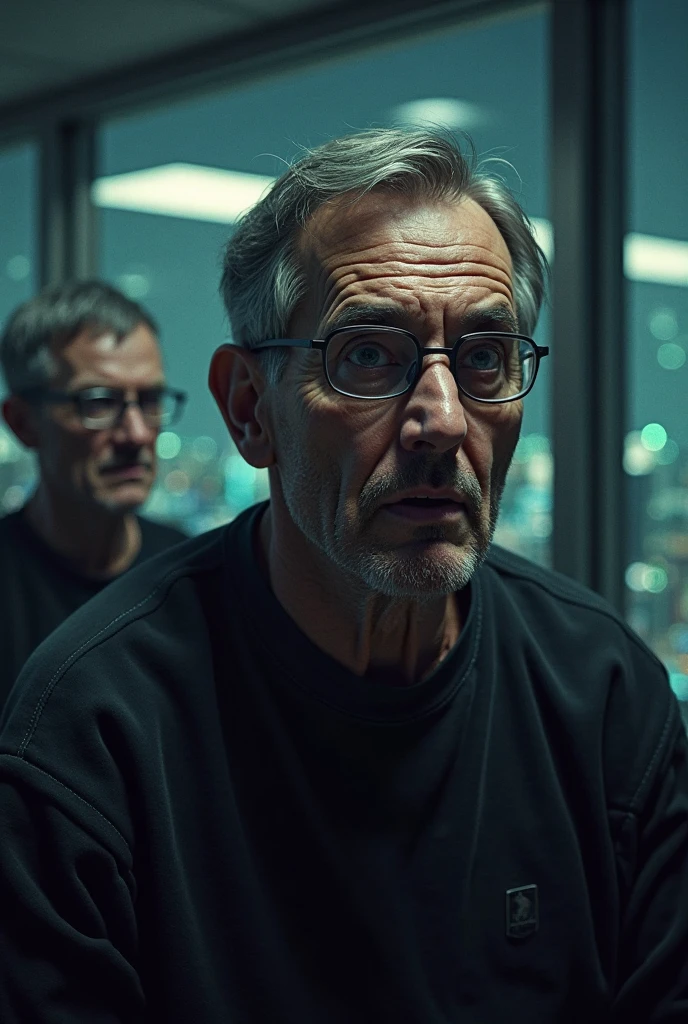 The Realistic Magic of Men with Short Hair, gray hair, wears glasses, Wearing a black sweatshirt, 恐怖の表情, Permanent, Night office setup, Night Architectural Scenery Seen Through a Window