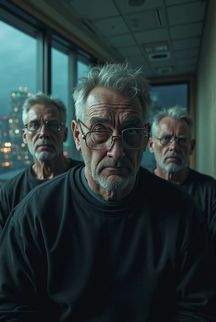 The Realistic Magic of Men with Short Hair, gray hair, wears glasses, Wearing a black sweatshirt, 恐怖の表情, Permanent, Night office setup, Night Architectural Scenery Seen Through a Window