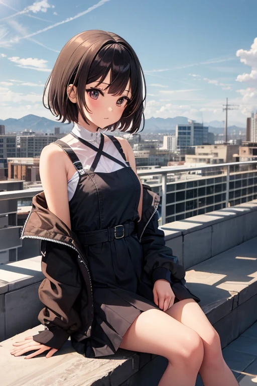 Girl with short dark hair,Sit on the edge of the rooftop,Overlooking the perspective