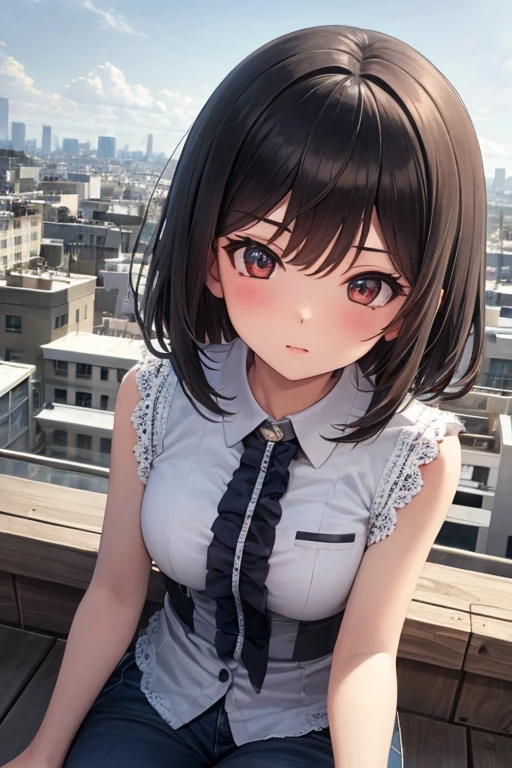 Girl with short dark hair,Sit on the edge of the rooftop,Overlooking the perspective