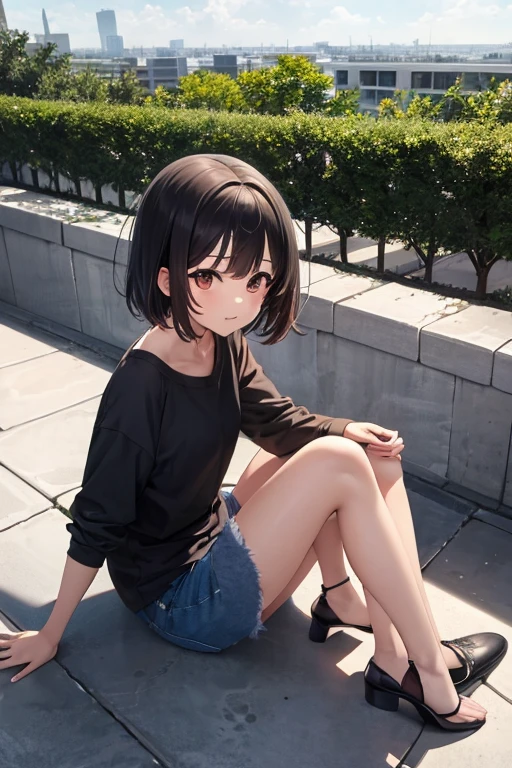 Girl with short dark hair,Sit on the edge of the rooftop,Overlooking the perspective