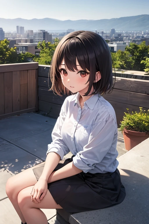 Girl with short dark hair,Sit on the edge of the rooftop,Overlooking the perspective