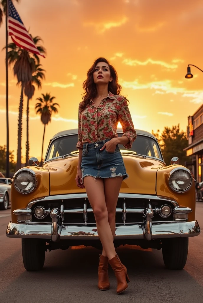 Under a vibrant orange sunset,A woman stands confidently in front of a vintage gold car. She wears a floral shirt, Denim skirt, and brown boots, Exuding vintage charm. Her gaze is upwards, Adding a contemplative mood. The car's design and chrome details gleam in the warm light. An American flag flutters in the background, Beside palm trees and streetlights, Suggesting a small town vibe. The scene evokes a sense of nostalgia, Blending urban elements with natural beauty. Soft lighting enhances the golden hour vibe, Creating a serene yet vibrant ambience.