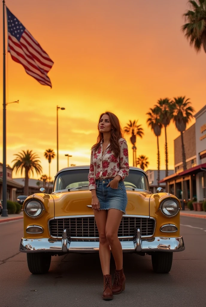 Under a vibrant orange sunset,A woman stands confidently in front of a vintage gold car. She wears a floral shirt, Denim skirt, and brown boots, Exuding vintage charm. Her gaze is upwards, Adding a contemplative mood. The car's design and chrome details gleam in the warm light. An American flag flutters in the background, Beside palm trees and streetlights, Suggesting a small town vibe. The scene evokes a sense of nostalgia, Blending urban elements with natural beauty. Soft lighting enhances the golden hour vibe, Creating a serene yet vibrant ambience.