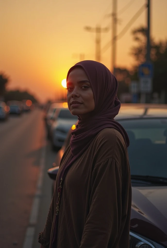 late sunset,amazing melancholy cinematography {x} A woman wearing an Arabic headscarf stands next to a car on the street, prime time hues, a24 photography, ( prime time ), (prime time), in the prime time, shot at prime time, 令人惊叹的忧郁cinematic photogtaphy, prime time cinematic, a24 cinematic photogtaphy, prime time scene, a24!cinematic photogtaphy, late sunset, prime time