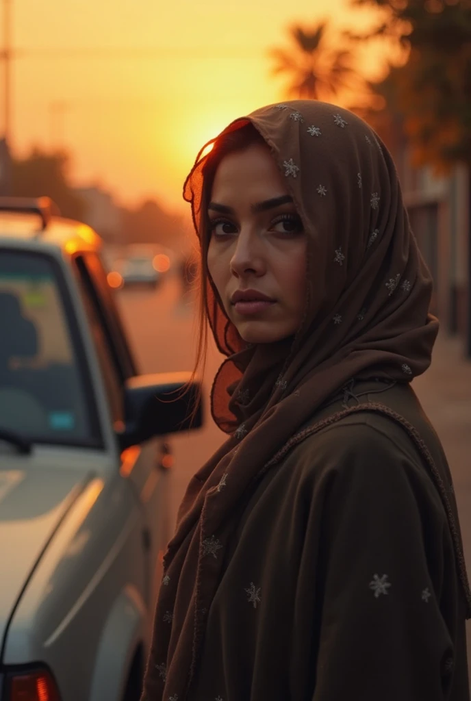 late sunset,amazing melancholy cinematography {x} A woman wearing an Arabic headscarf stands next to a car on the street, prime time hues, a24 photography, ( prime time ), (prime time), in the prime time, shot at prime time, 令人惊叹的忧郁cinematic photogtaphy, prime time cinematic, a24 cinematic photogtaphy, prime time scene, a24!cinematic photogtaphy, late sunset, prime time