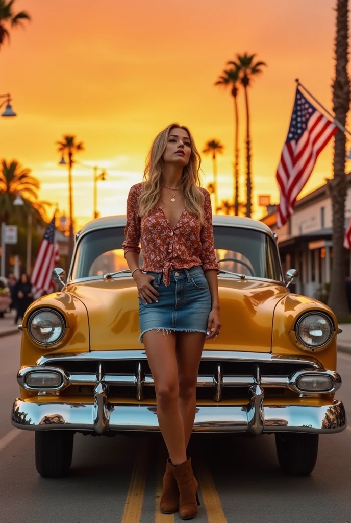 Under a vibrant orange sunset,A woman stands confidently in front of a vintage gold car. She wears a floral shirt, Denim skirt, and brown boots, Exuding vintage charm. Her gaze is upwards, Adding a contemplative mood. The car's design and chrome details gleam in the warm light. An American flag flutters in the background, Beside palm trees and streetlights, Suggesting a small town vibe. The scene evokes a sense of nostalgia, Blending urban elements with natural beauty. Soft lighting enhances the golden hour vibe, Creating a serene yet vibrant ambience.