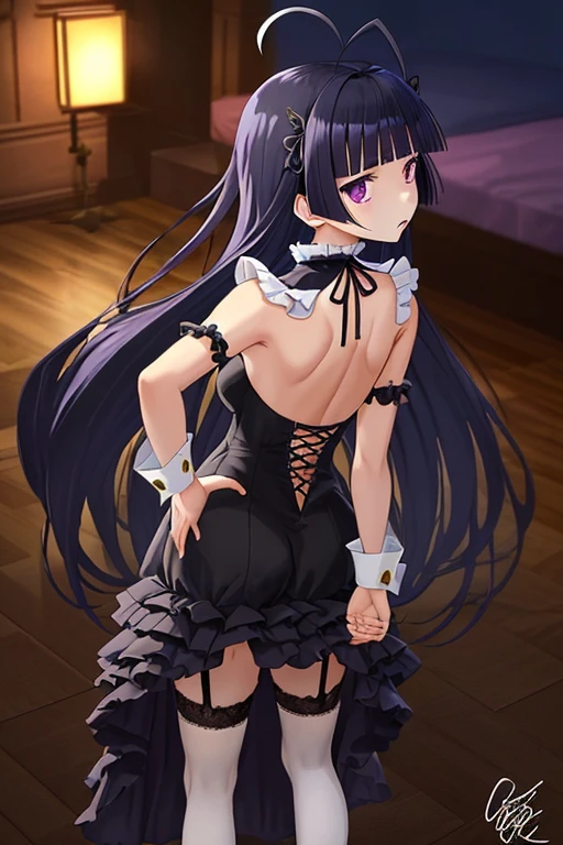 Kuroneko (Ruri Gokou) in her iconic gothic  fashion, standing confidently with a slight tsundere expression. She wears a black frilly dress with lace trim, red ribbon accents, and knee-high socks with garter straps. Her long, straight purple-black hair cascades down her back, with two signature ahoge (antenna-like strands) on top of her head. One hand on hip, the other holding a volume of Maschera (her favorite anime) or a smartphone，Anime/cel-shaded rendering