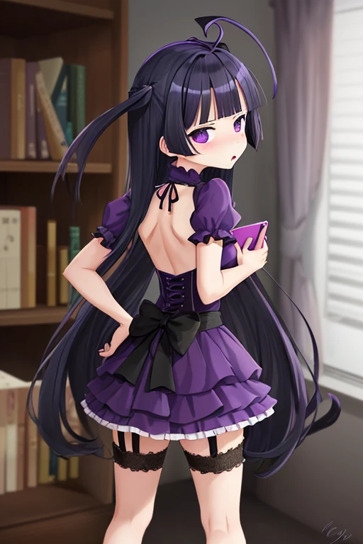 Kuroneko (Ruri Gokou) in her iconic gothic fashion, standing confidently with a slight tsundere expression. She wears a black frilly dress with lace trim, red ribbon accents, and knee-high socks with garter straps. Her long, straight purple-black hair cascades down her back, with two signature ahoge (antenna-like strands) on top of her head. One hand on hip, the other holding a volume of Maschera (her favorite anime) or a smartphone,Anime/cel-shaded rendering