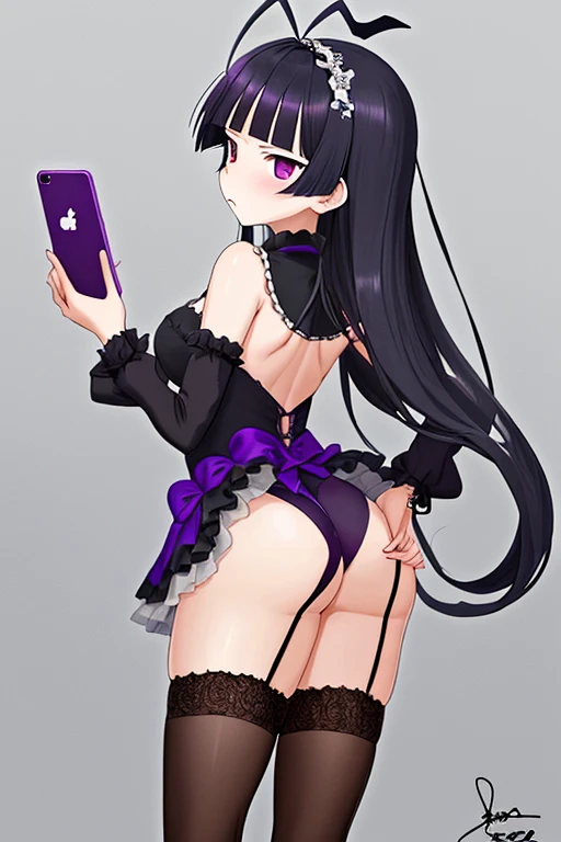 Kuroneko (Ruri Gokou) in her iconic gothic fashion, standing confidently with a slight tsundere expression. She wears a black frilly dress with lace trim, red ribbon accents, and knee-high socks with garter straps. Her long, straight purple-black hair cascades down her back, with two signature ahoge (antenna-like strands) on top of her head. One hand on hip, the other holding a volume of Maschera (her favorite anime) or a smartphone,Anime/cel-shaded rendering