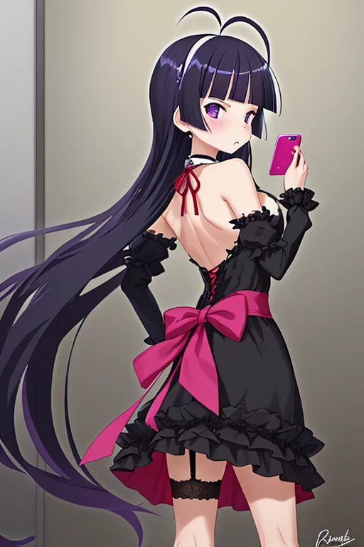 Kuroneko (Ruri Gokou) in her iconic gothic fashion, standing confidently with a slight tsundere expression. She wears a black frilly dress with lace trim, red ribbon accents, and knee-high socks with garter straps. Her long, straight purple-black hair cascades down her back, with two signature ahoge (antenna-like strands) on top of her head. One hand on hip, the other holding a volume of Maschera (her favorite anime) or a smartphone,Anime/cel-shaded rendering