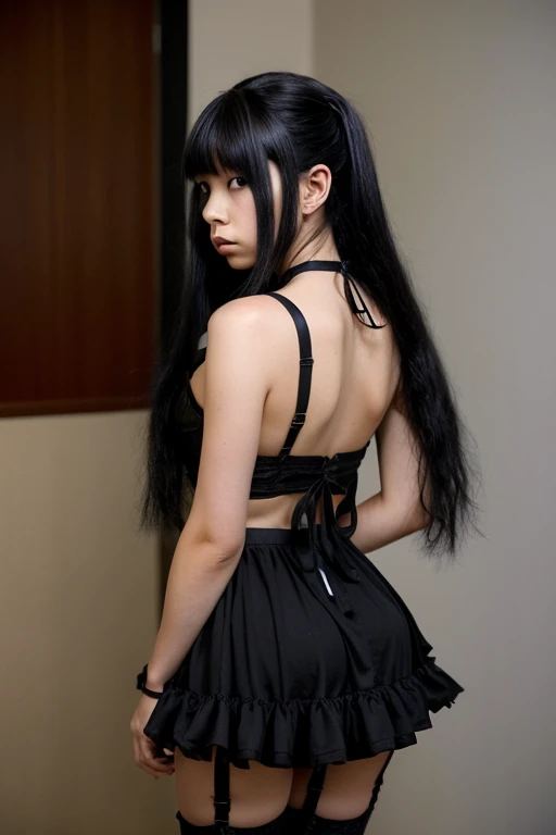 Kuroneko (Ruri Gokou) in her iconic gothic fashion, standing confidently with a slight tsundere expression. She wears a black frilly dress with lace trim, red ribbon accents, and knee-high socks with garter straps. Her long, straight purple-black hair cascades down her back, with two signature ahoge (antenna-like strands) on top of her head. One hand on hip, the other holding a volume of Maschera (her favorite anime) or a smartphone,Anime/cel-shaded rendering