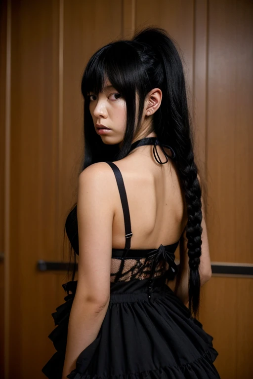 Kuroneko (Ruri Gokou) in her iconic gothic fashion, standing confidently with a slight tsundere expression. She wears a black frilly dress with lace trim, red ribbon accents, and knee-high socks with garter straps. Her long, straight purple-black hair cascades down her back, with two signature ahoge (antenna-like strands) on top of her head. One hand on hip, the other holding a volume of Maschera (her favorite anime) or a smartphone,Anime/cel-shaded rendering