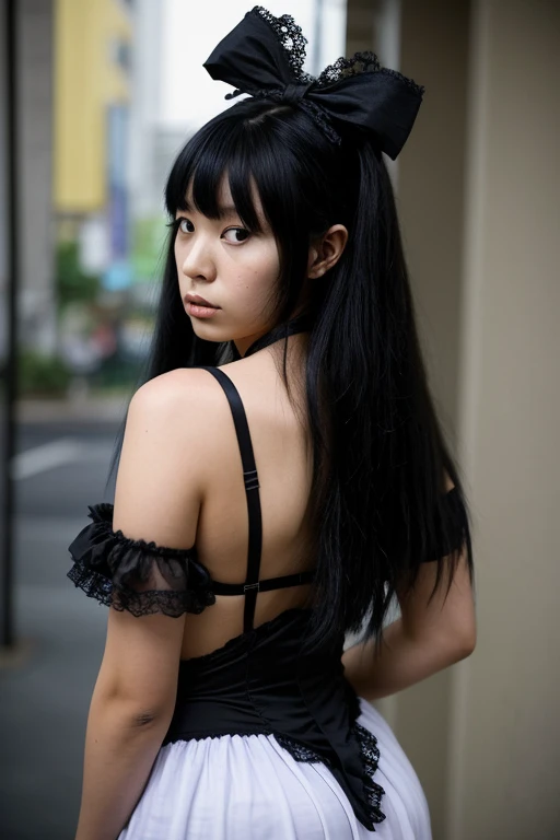 Kuroneko (Ruri Gokou) in her iconic gothic fashion, standing confidently with a slight tsundere expression. She wears a black frilly dress with lace trim, red ribbon accents, and knee-high socks with garter straps. Her long, straight purple-black hair cascades down her back, with two signature ahoge (antenna-like strands) on top of her head. One hand on hip, the other holding a volume of Maschera (her favorite anime) or a smartphone,Anime/cel-shaded rendering