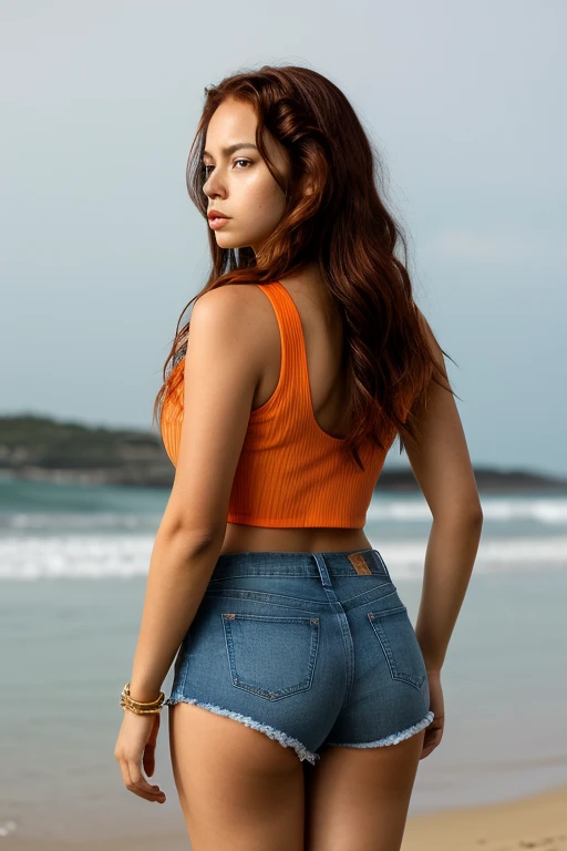 Official anime-style portrait of Nami from One Piece, the fiery and intelligent navigator of the Straw Hat Pirates. She stands confidently in her signature outfit: a short orange crop top with a white stripe, denim hot pants, and brown high-heeled boots. Her long, wavy orange hair cascades down her back, with a few strands playfully framing her face.