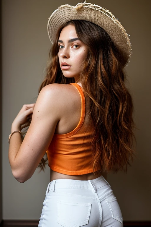 realistic style,the fiery and intelligent navigator of the Straw Hat Pirates. a short orange crop top with a white stripe, denim hot pants, and brown high-heeled boots. Her long, wavy orange hair cascades down her back, with a few strands playfully framing her face.