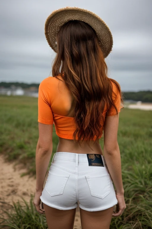 realistic style,the fiery and intelligent navigator of the Straw Hat Pirates. a short orange crop top with a white stripe, denim hot pants, and brown high-heeled boots. Her long, wavy orange hair cascades down her back, with a few strands playfully framing her face.