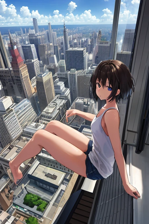 realistic style, A girl with short hair perches on the rooftop ledge, feet swinging freely in the air as she soaks up the sun. The shot is framed from a high front-angle, looking down at her relaxed pose against the cityscape below.