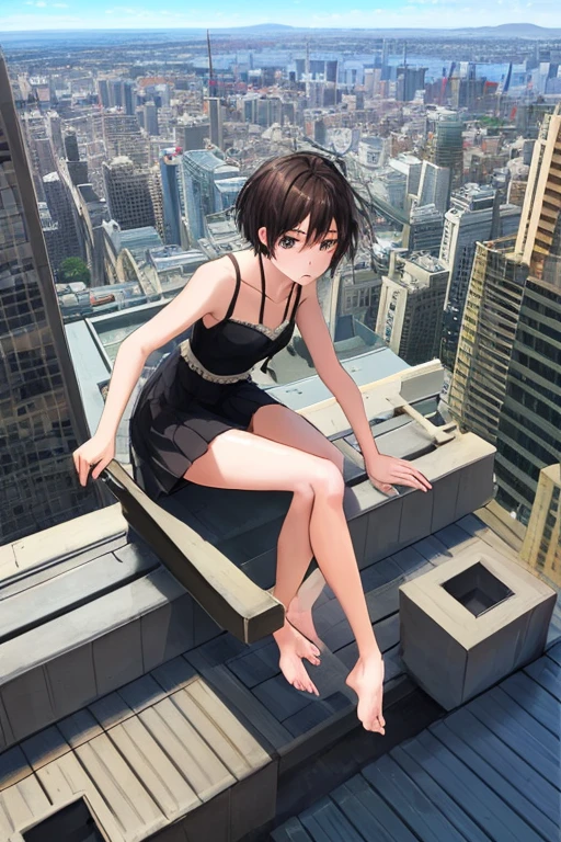 realistic style, A girl with short hair perches on the rooftop ledge, feet swinging freely in the air as she soaks up the sun. The shot is framed from a high front-angle, looking down at her relaxed pose against the cityscape below.