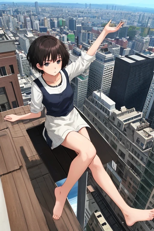 realistic style, A girl with short hair perches on the rooftop ledge, feet swinging freely in the air as she soaks up the sun. The shot is framed from a high front-angle, looking down at her relaxed pose against the cityscape below.