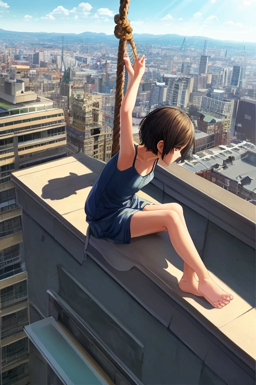 realistic style, A girl with short hair perches on the rooftop ledge, feet swinging freely in the air as she soaks up the sun. The shot is framed from a high front-angle, looking down at her relaxed pose against the cityscape below.