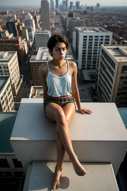 realistic style, A girl with short hair perches on the rooftop ledge, feet swinging freely in the air as she soaks up the sun. The shot is framed from a high front-angle, looking down at her relaxed pose against the cityscape below.