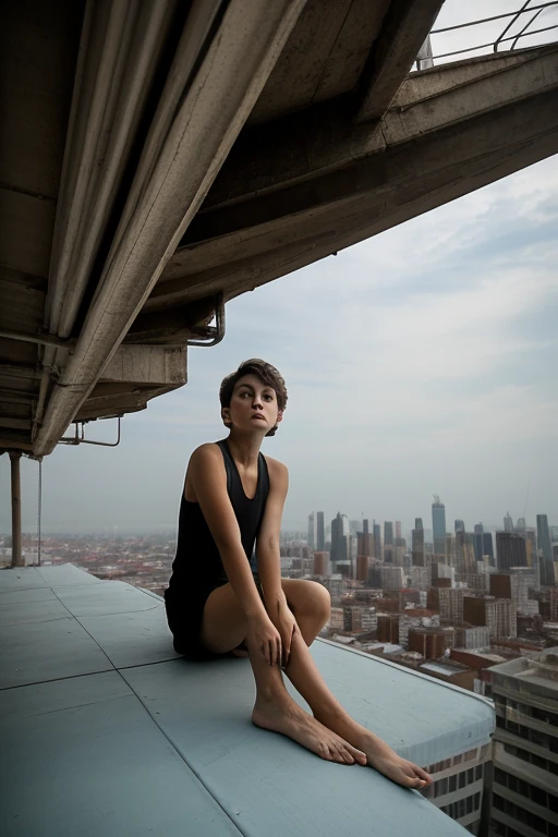 realistic style, A girl with short hair perches on the rooftop ledge, feet swinging freely in the air as she soaks up the sun. The shot is framed from a high front-angle, looking down at her relaxed pose against the cityscape below.