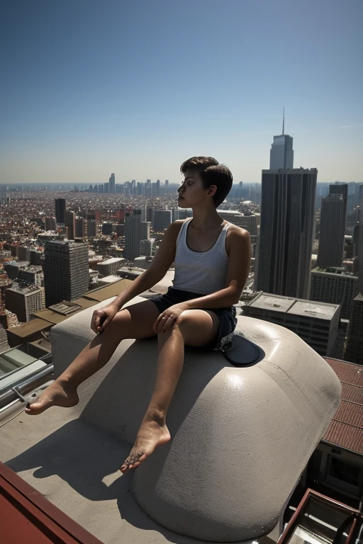 realistic style, A girl with short hair perches on the rooftop ledge, feet swinging freely in the air as she soaks up the sun. The shot is framed from a high front-angle, looking down at her relaxed pose against the cityscape below.