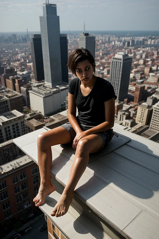 realistic style, A girl with short hair perches on the rooftop ledge, feet swinging freely in the air as she soaks up the sun. The shot is framed from a high front-angle, looking down at her relaxed pose against the cityscape below.