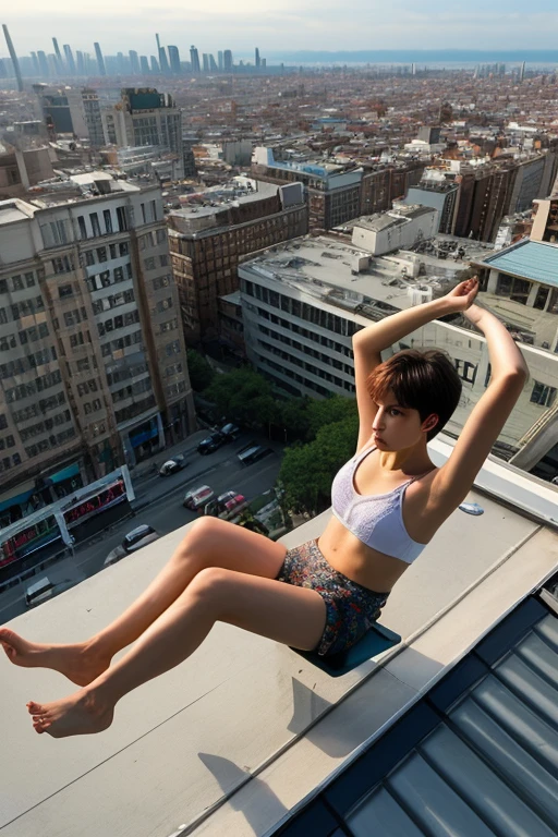 realistic style, A beautiful girl with short hair perches on the rooftop ledge, feet swinging freely in the air as she soaks up the sun. The shot is framed from a high front-angle, looking down at her relaxed pose against the cityscape below.