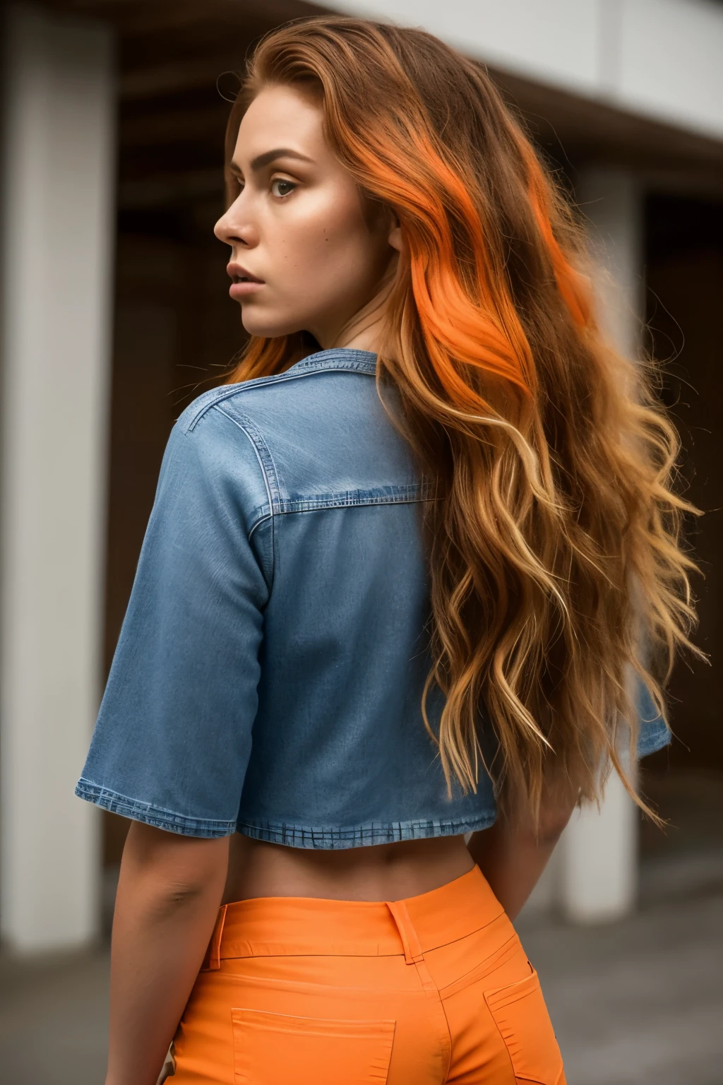 realistic style,the fiery and intelligent navigator of the Straw Hat Pirates. a short orange crop top with a white stripe, denim hot pants, and brown high-heeled boots. Her long, wavy orange hair cascades down her back, with a few strands playfully framing her face.