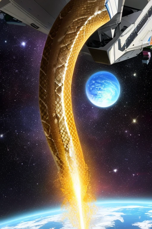 Star climbing giant snake,opens its mouth to reveal snake teeth,bigger than the planet,travels through space,hunts human spacecraft