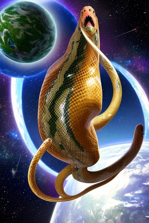 Star climbing giant snake,opens its mouth to reveal snake teeth,bigger than the planet,travels through space,hunts human spacecraft
