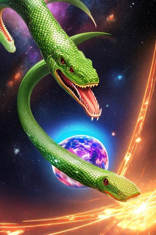 Star climbing giant snake,opens its mouth to reveal snake teeth,bigger than the planet,travels through space,hunts human spacecraft